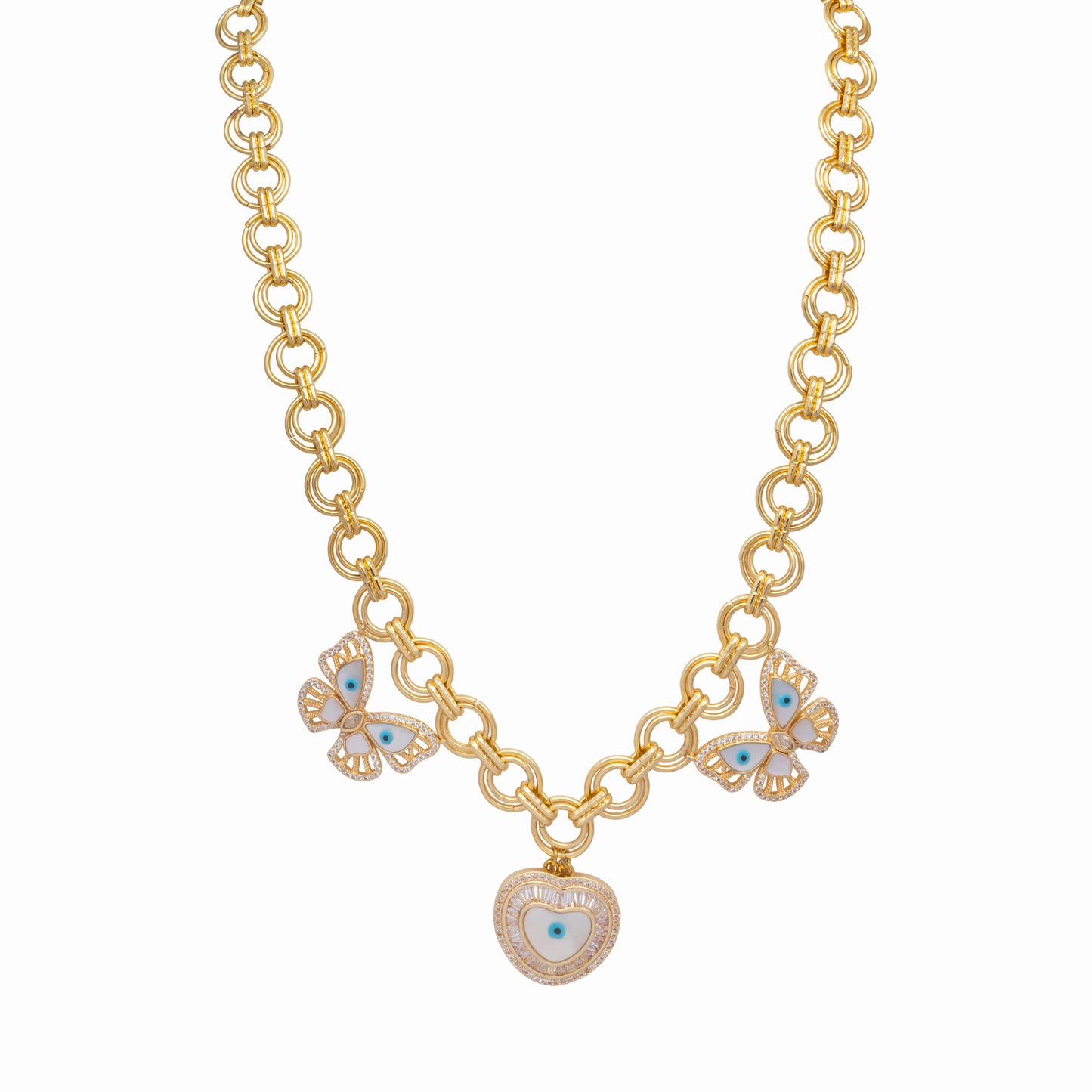 Butterfly And Heart Charm Gold Chain Necklace