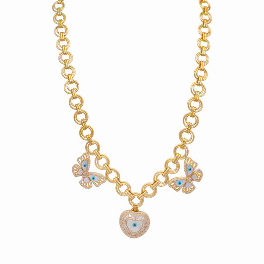 Butterfly And Heart Charm Gold Chain Necklace
